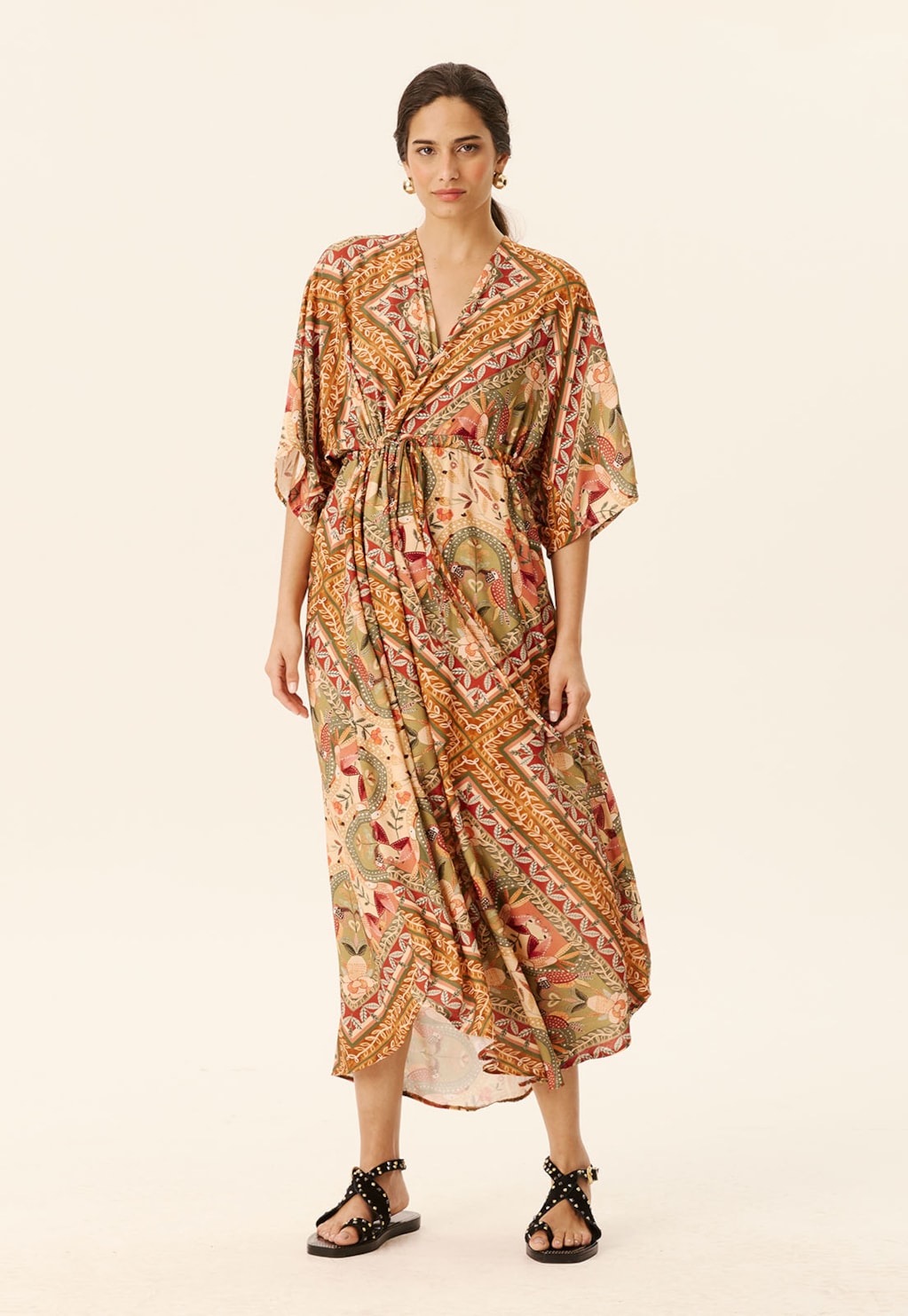 Vestido Maxi Midi Transpassado Estampado Lenço Ipê