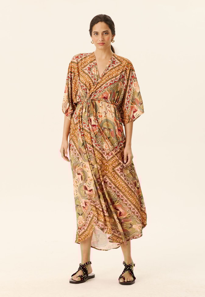 Vestido Maxi Midi Transpassado Estampado Lenço Ipê