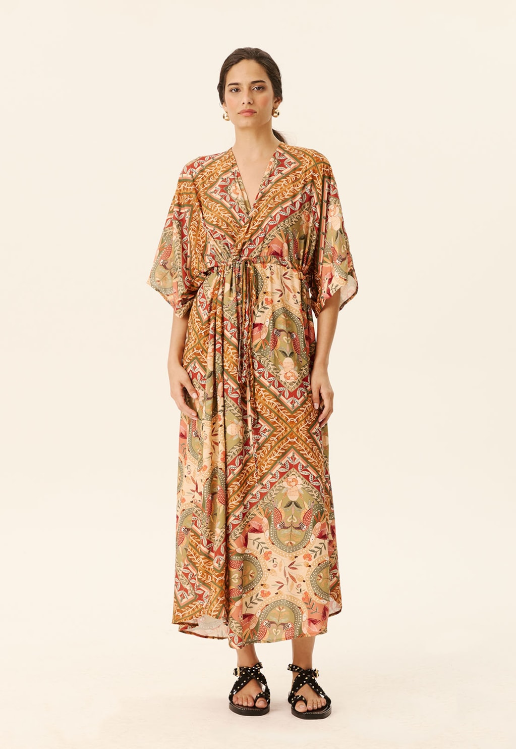 Vestido Maxi Midi Transpassado Estampado Lenço Ipê