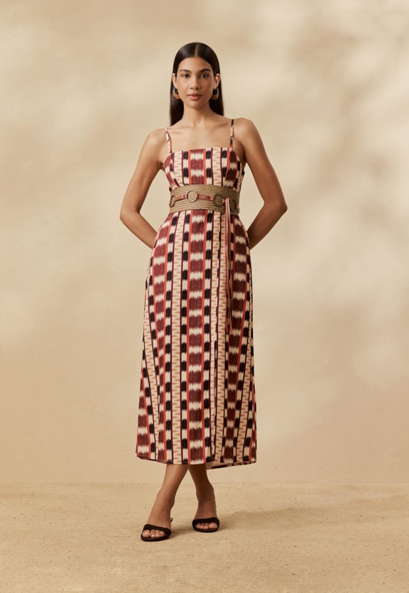 Vestido Midi Abertura na Frente Estampado Tapê Vista Frontal