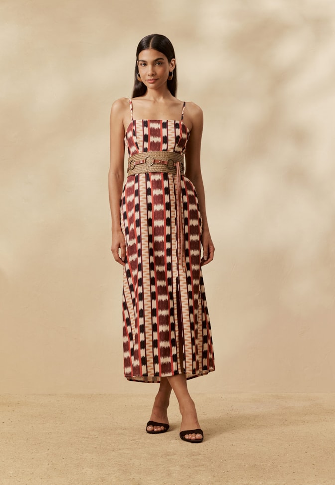 Vestido Midi Abertura na Frente Estampado Tapê