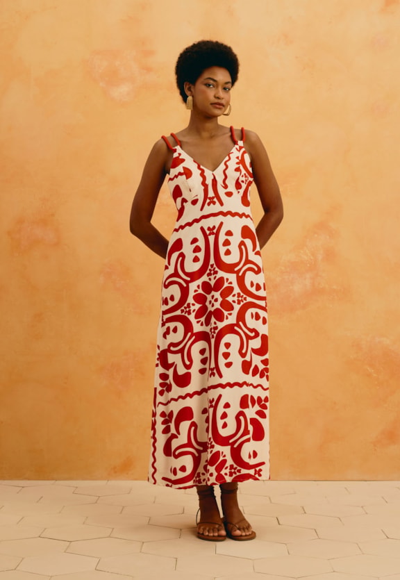 Vestido Midi Alça Corda Estampado Wayu Vista Frontal