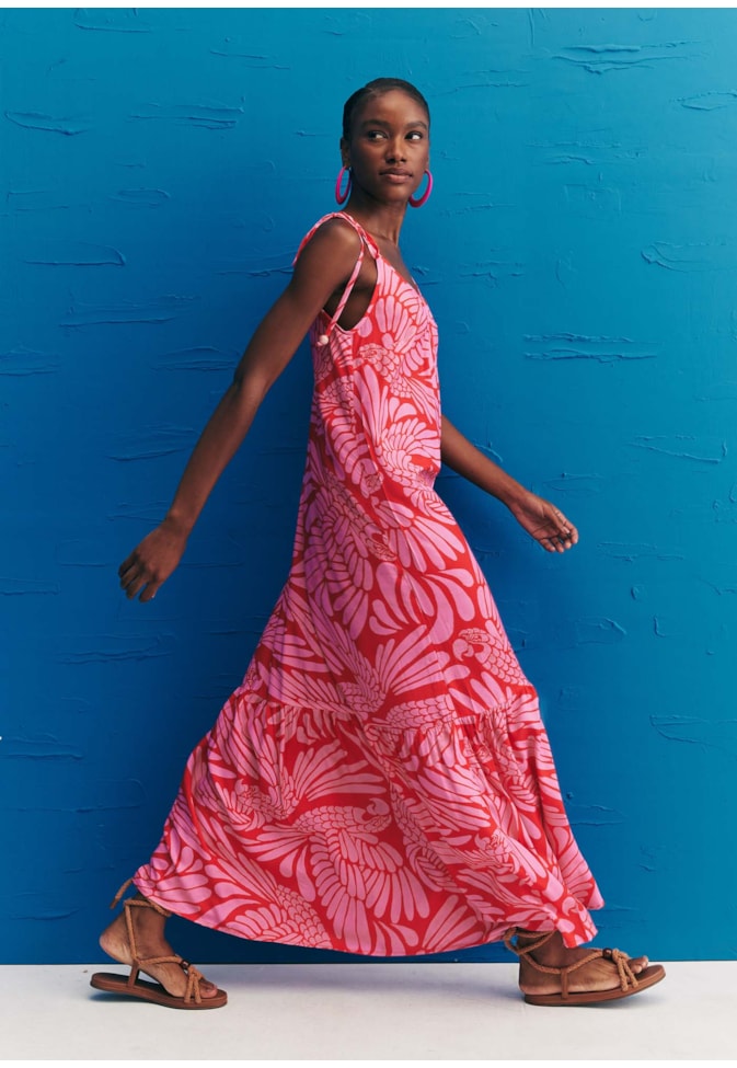 Vestido Midi Alça Estampado Araras de Bonito