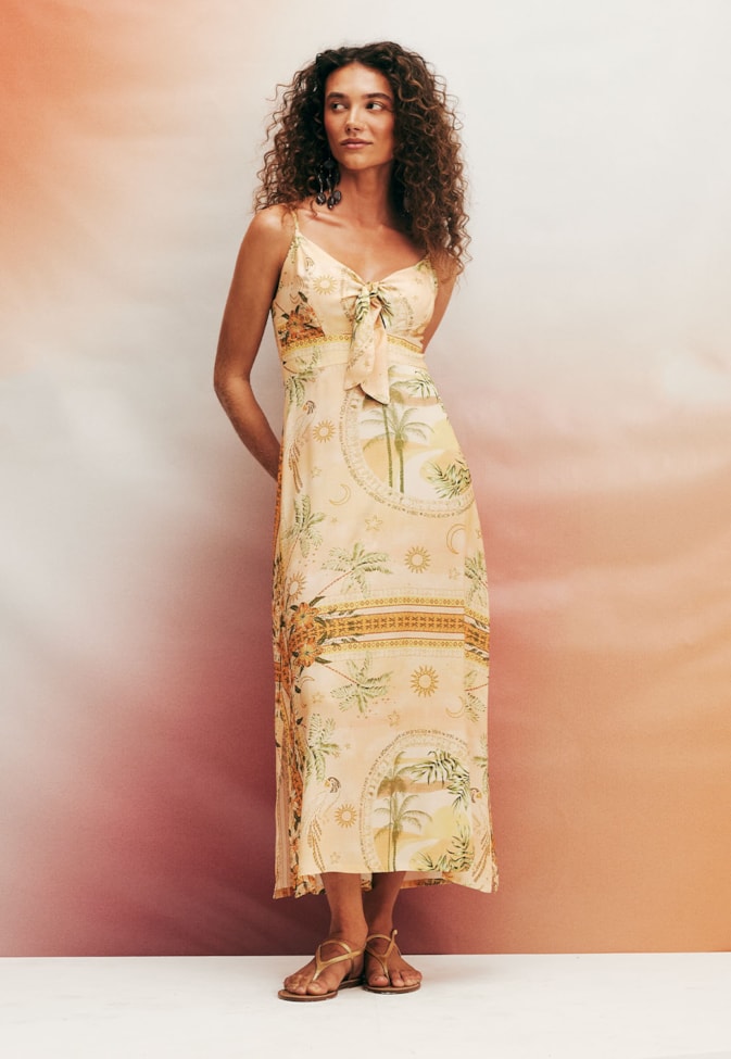 Vestido Midi Alça Fina Estampado Ilha de Marajó