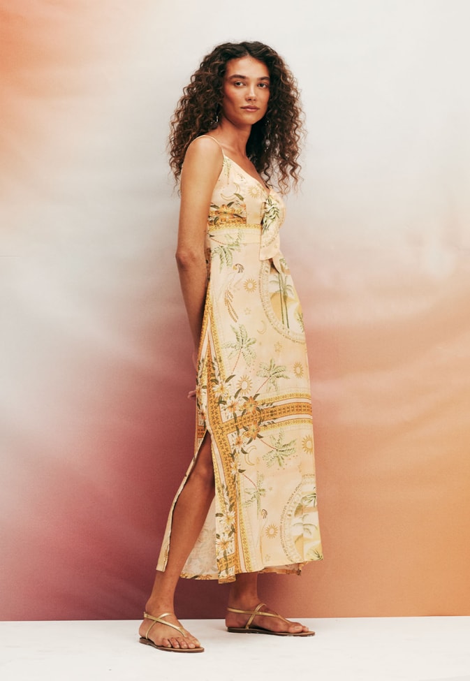 Vestido Midi Alça Fina Estampado Ilha de Marajó