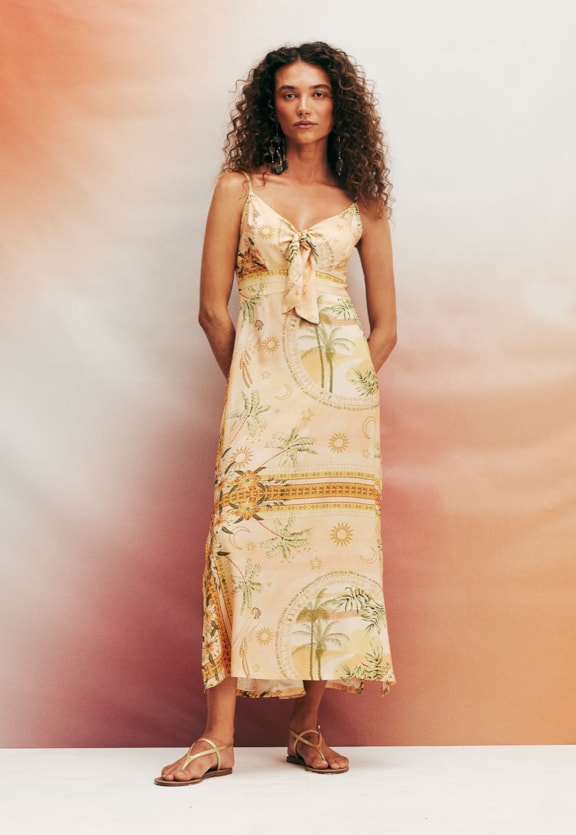 Vestido Midi Alça Fina Estampado Ilha de Marajó Vista Frontal