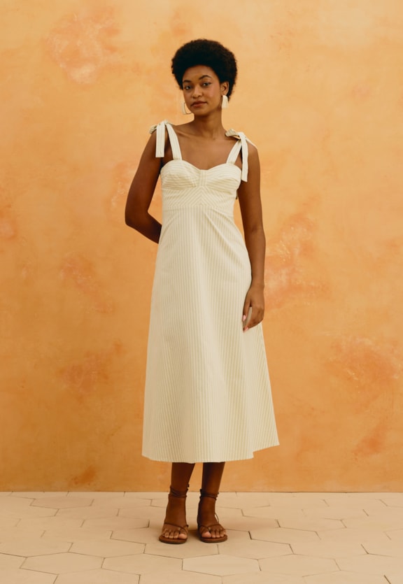 Vestido Midi Alça Laço Listrado Vista Frontal