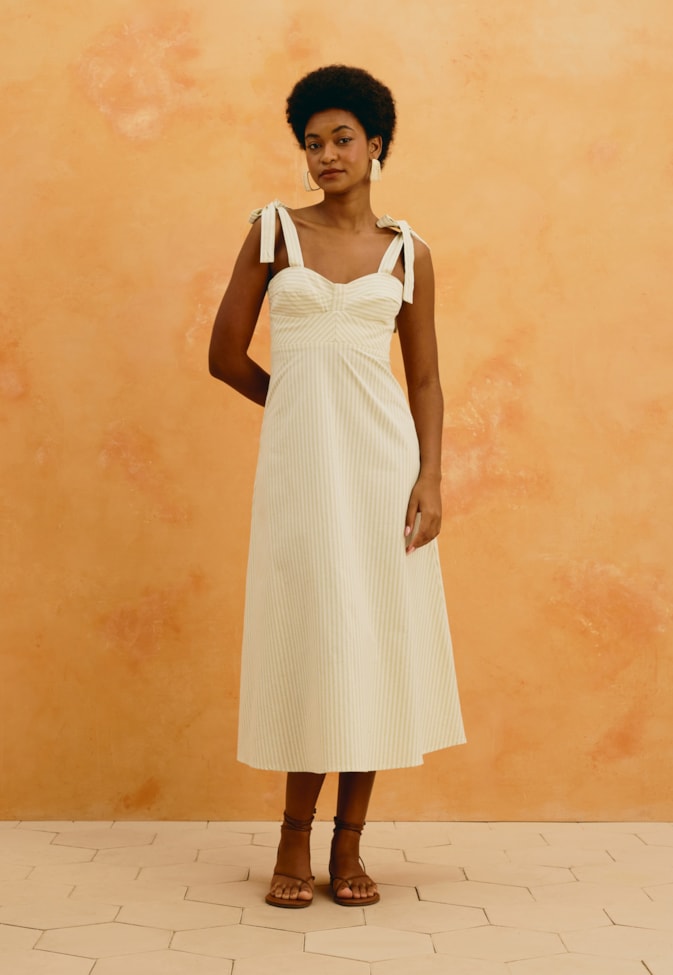 Vestido Midi Alça Laço Listrado 