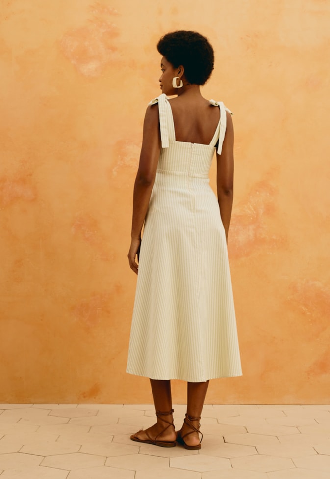 Vestido Midi Alça Laço Listrado 