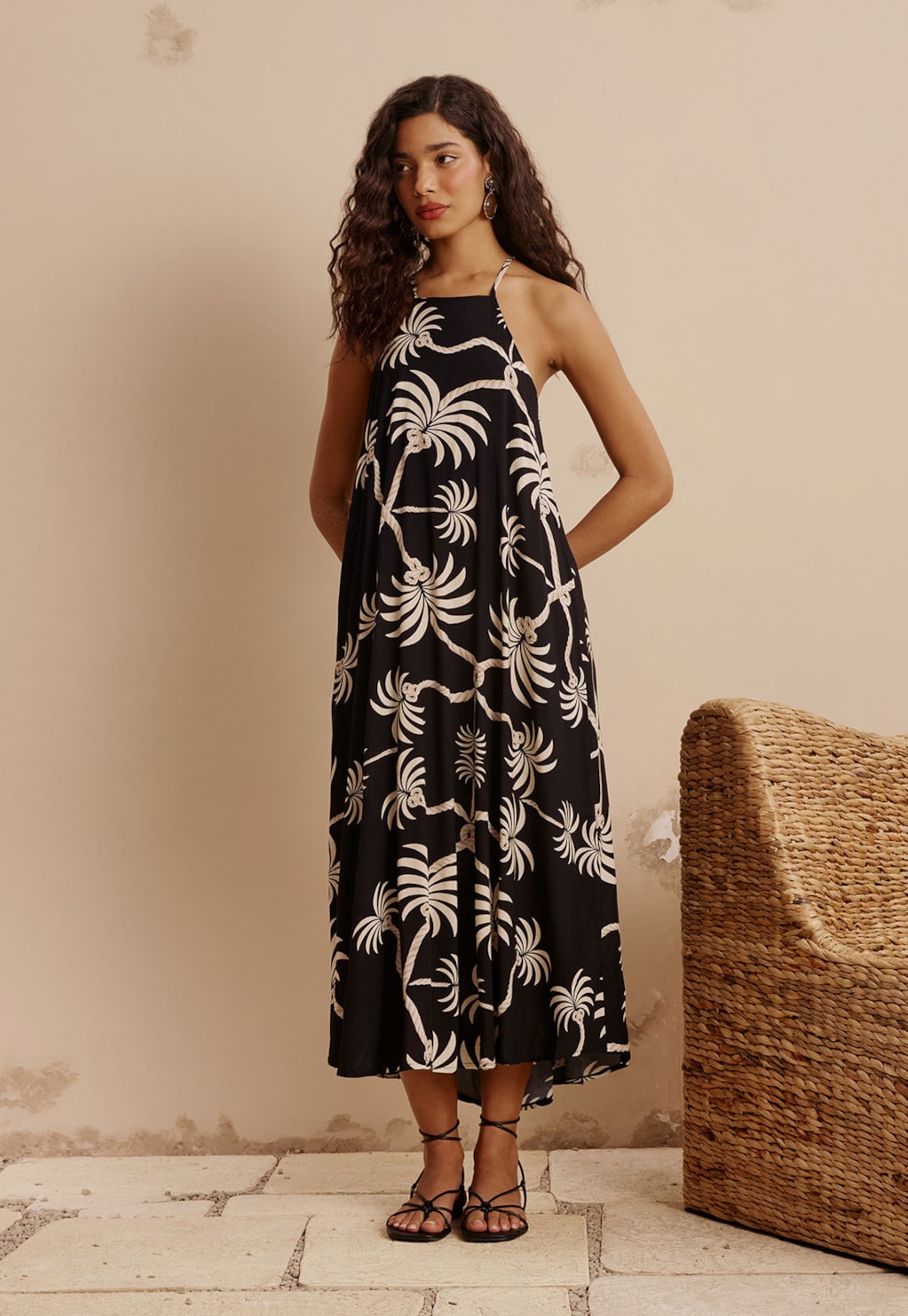 Vestido Midi Amarração Costas Estampado Carnauba