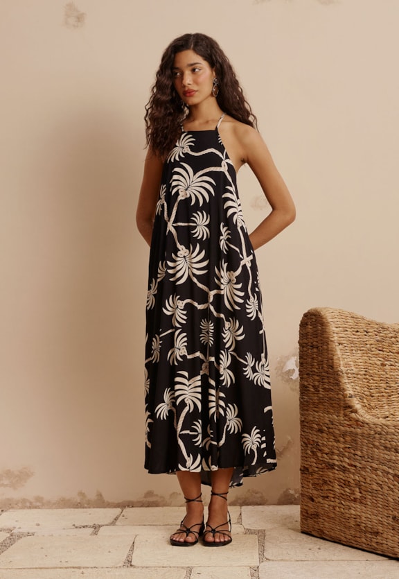 Vestido Midi Amarração Costas Estampado Carnauba Vista Frontal