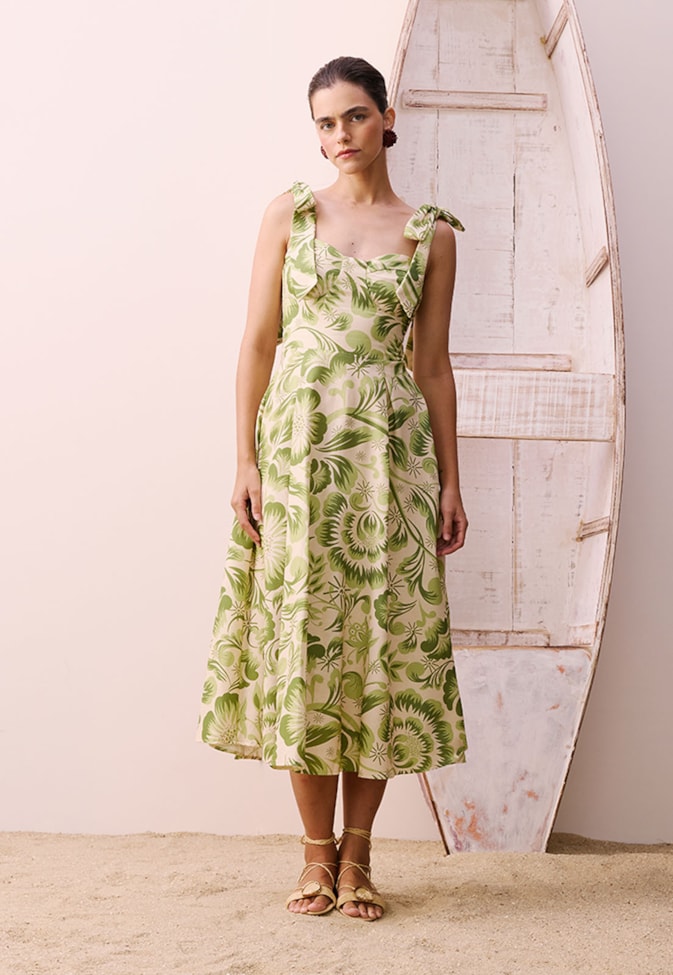 Vestido Midi Amarração Estampado Dois Amores