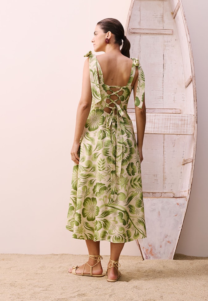 Vestido Midi Amarração Estampado Dois Amores