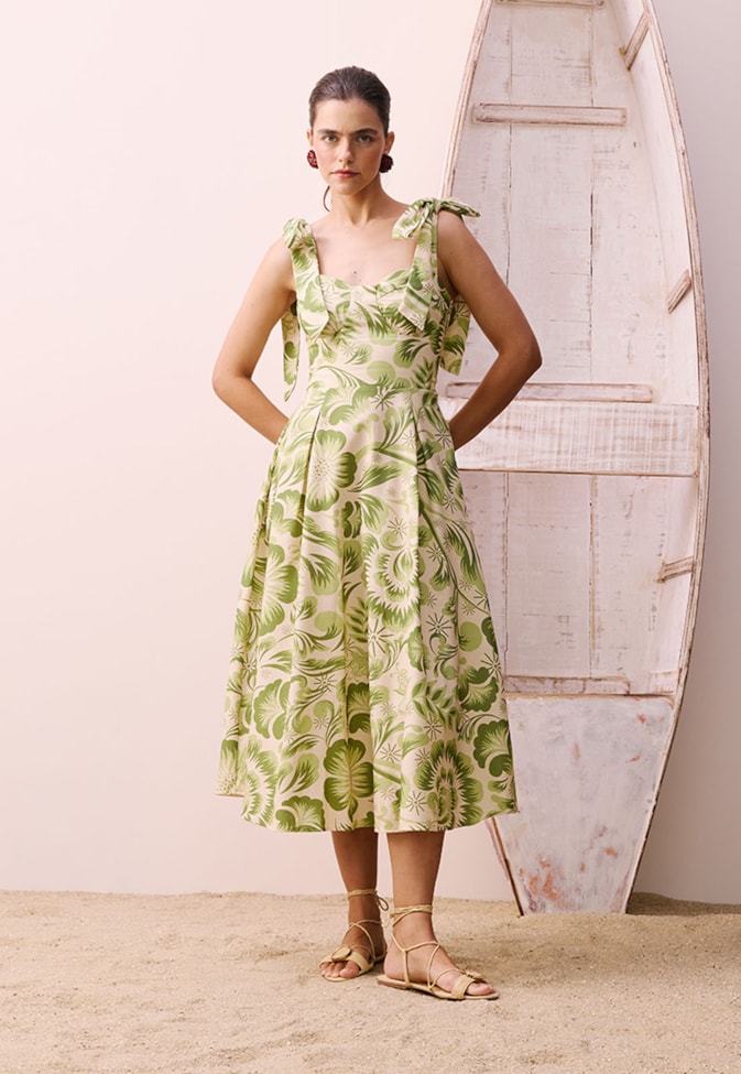 Vestido Midi Amarração Estampado Dois Amores