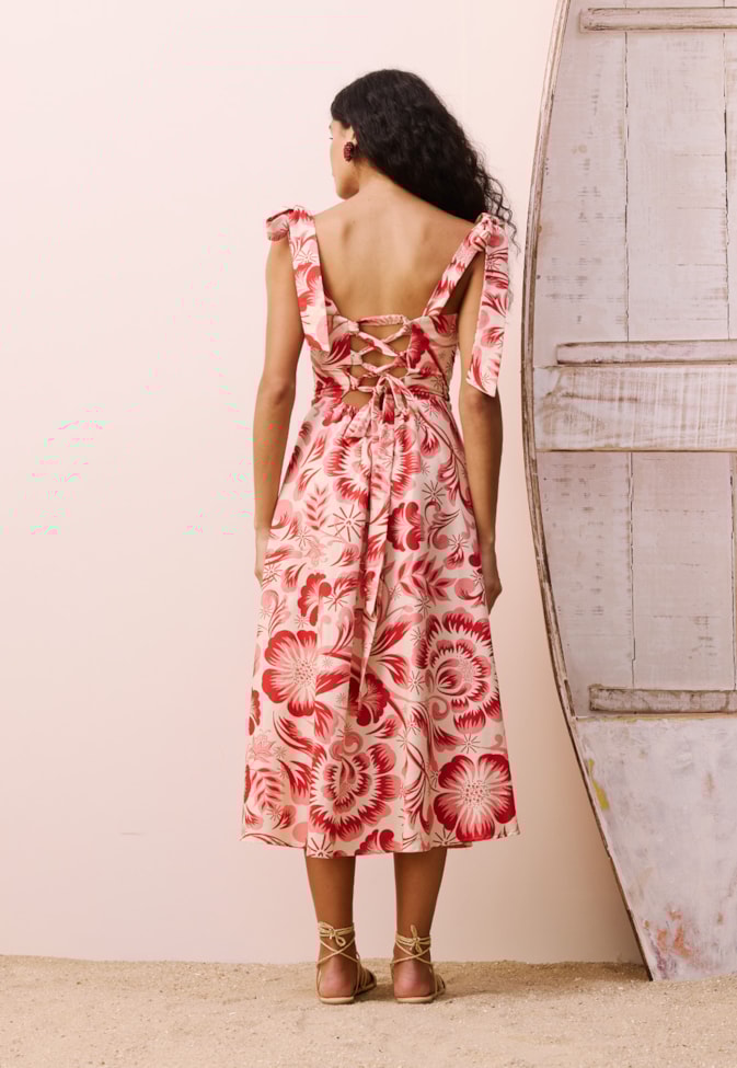 Vestido Midi Amarração Estampado Dois Amores