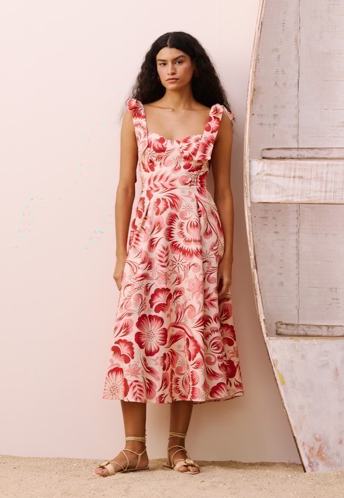 Vestido Midi Amarração Estampado Dois Amores