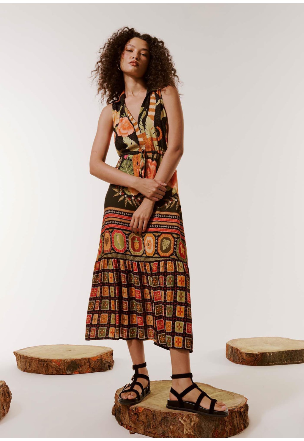 Vestido Midi Amarração Estampado Pequi