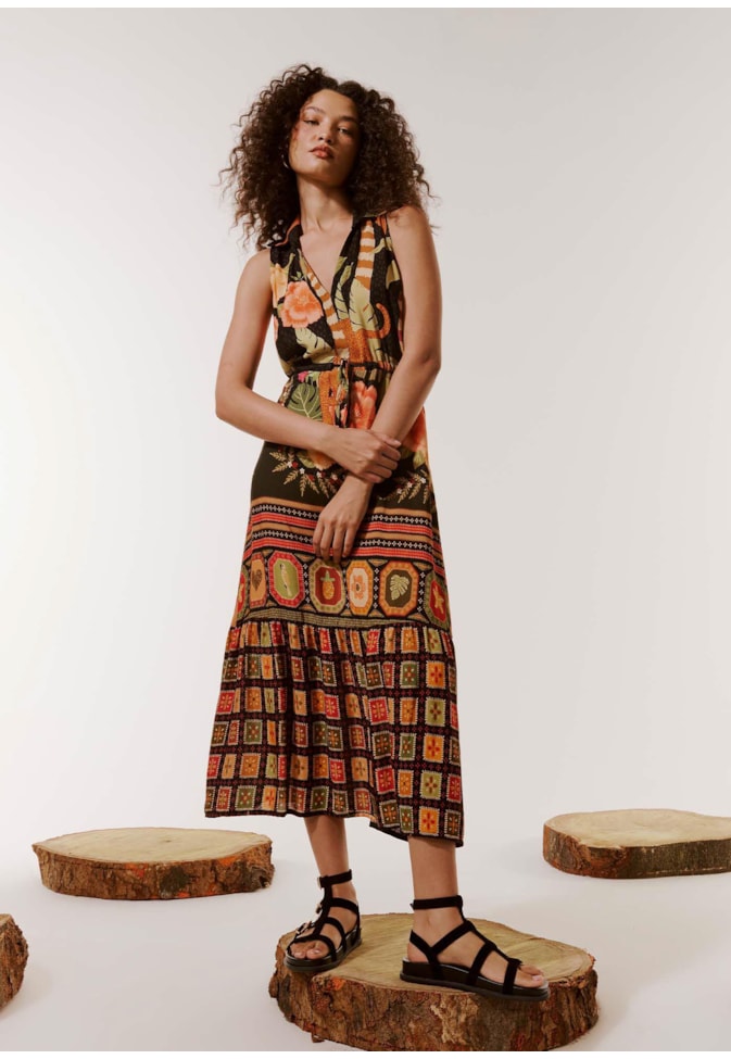 Vestido Midi Amarração Estampado Pequi