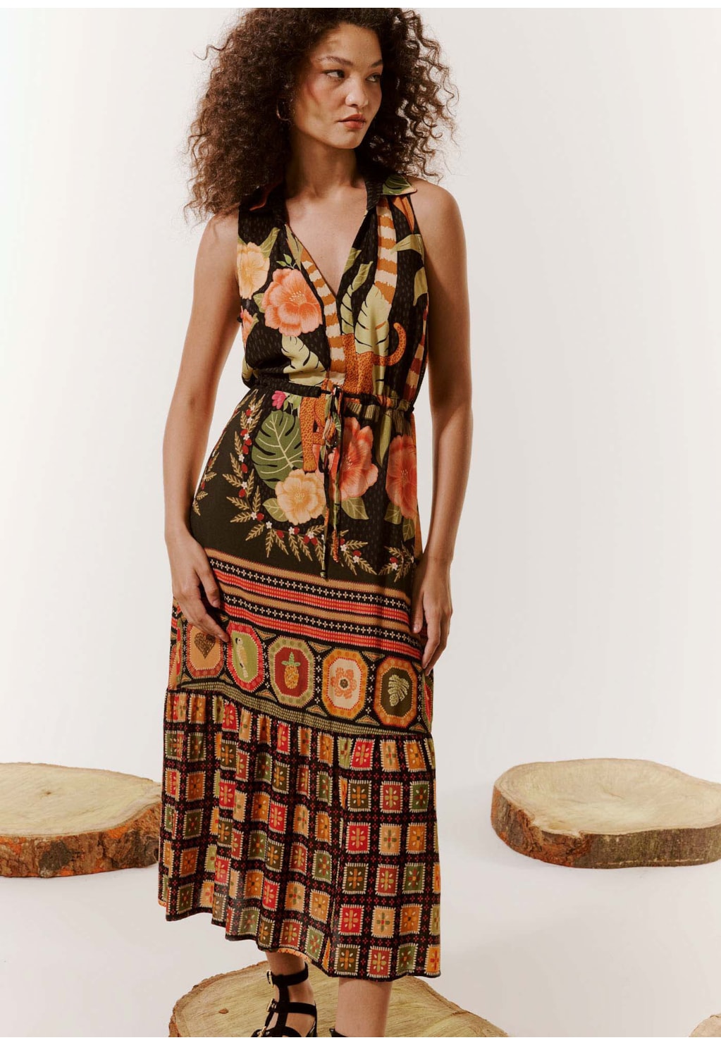 Vestido Midi Amarração Estampado Pequi