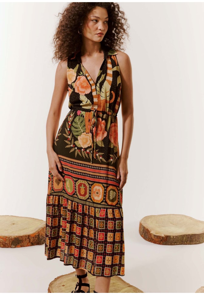 Vestido Midi Amarração Estampado Pequi
