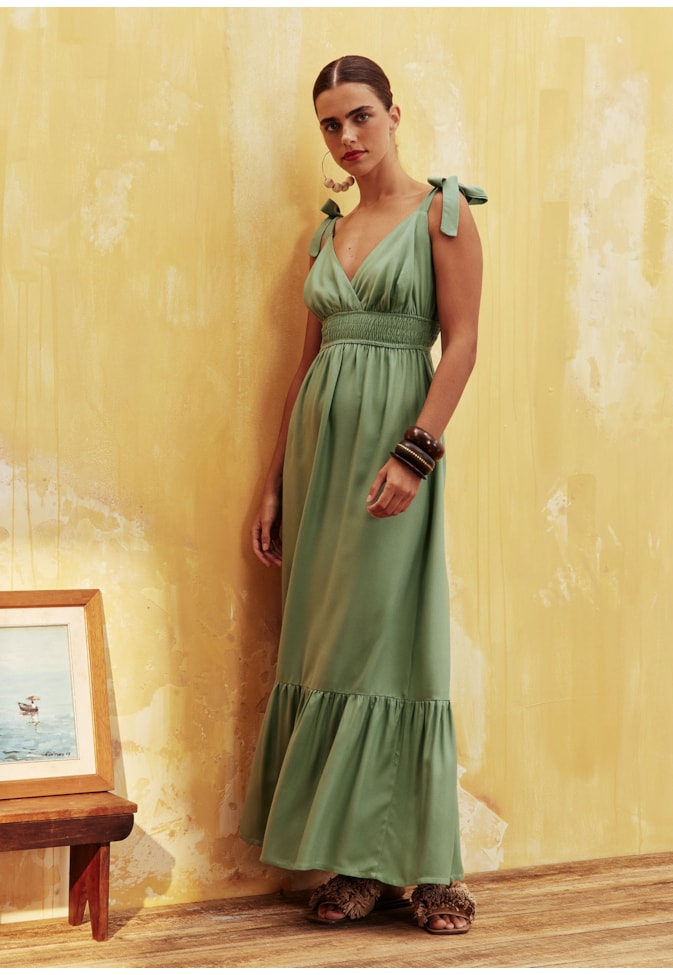 Vestido Midi Amarração Ombro Liso