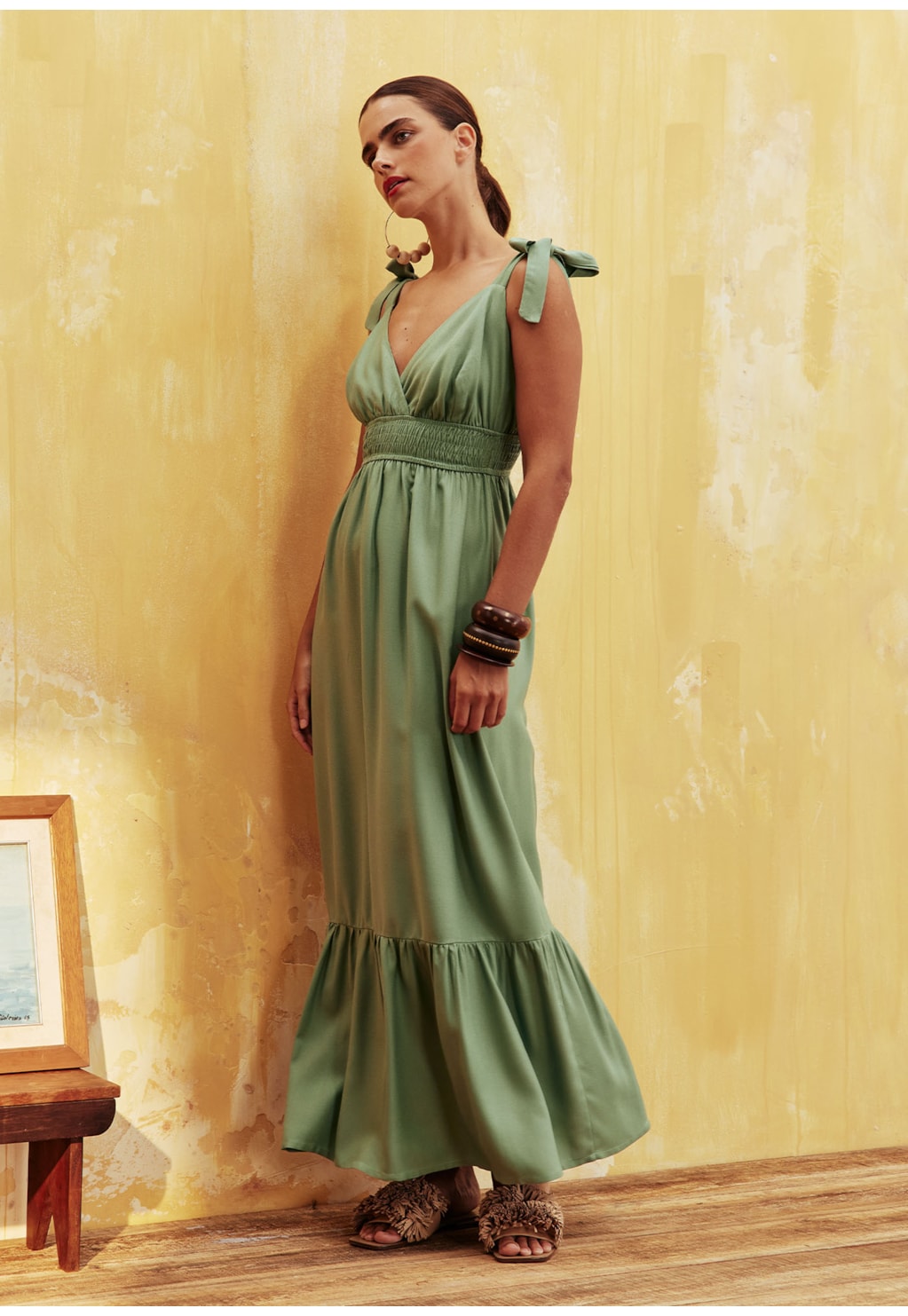 Vestido Midi Amarração Ombro Liso