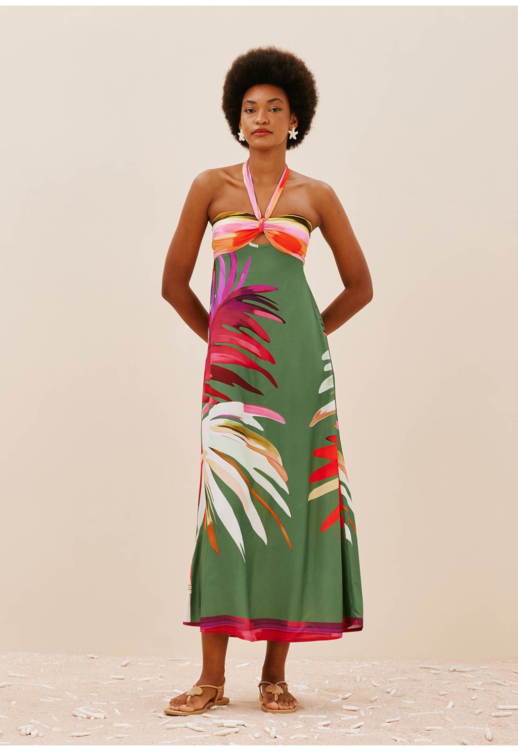 Vestido Midi Amarração Pescoço Estampada Rafia