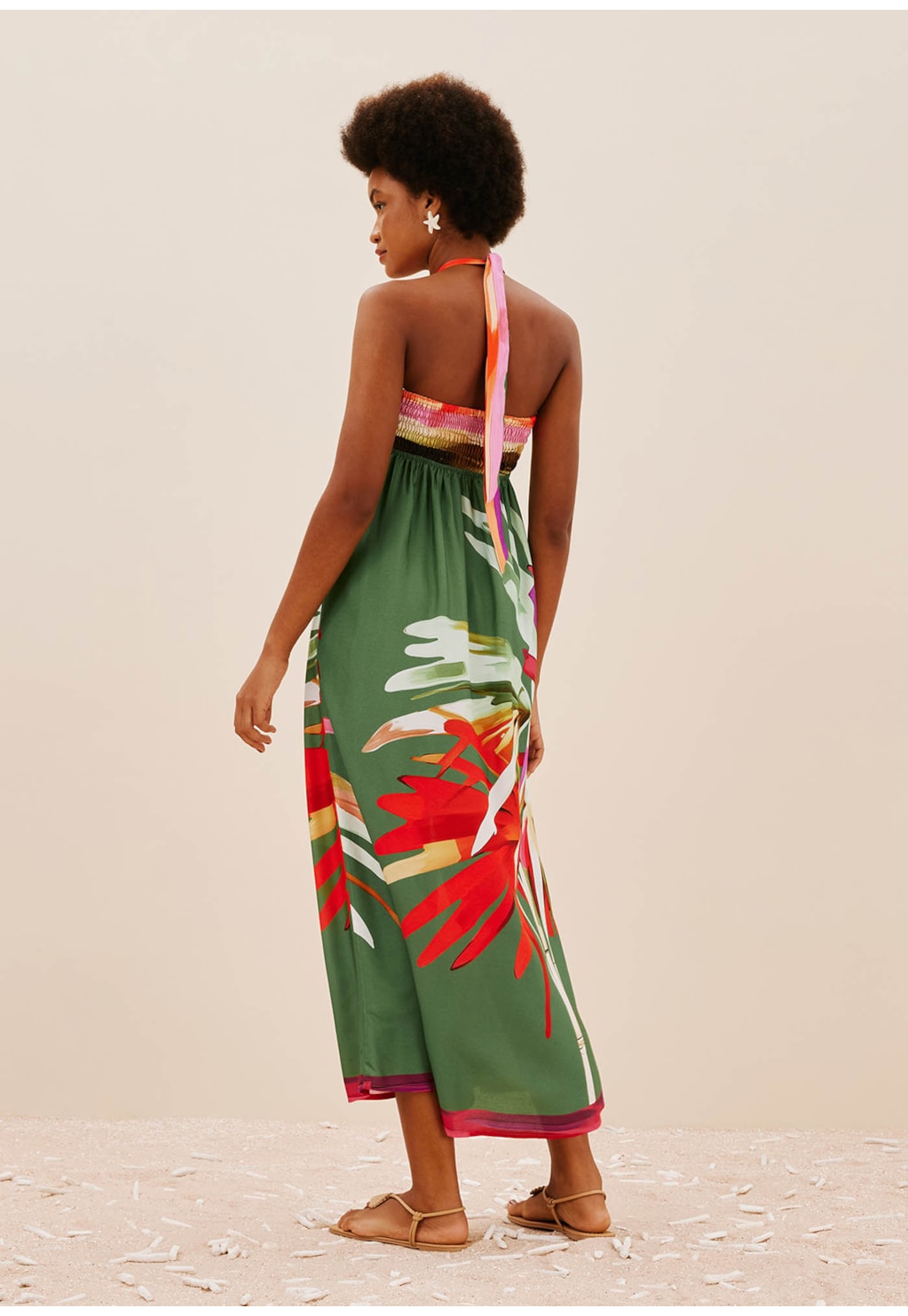 Vestido Midi Amarração Pescoço Estampada Rafia