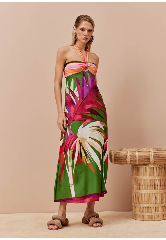 Vestido Midi Amarração Pescoço Estampada Rafia