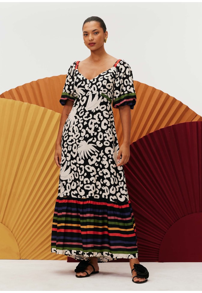 Vestido Midi Babado Barrado Estampado Maracatú