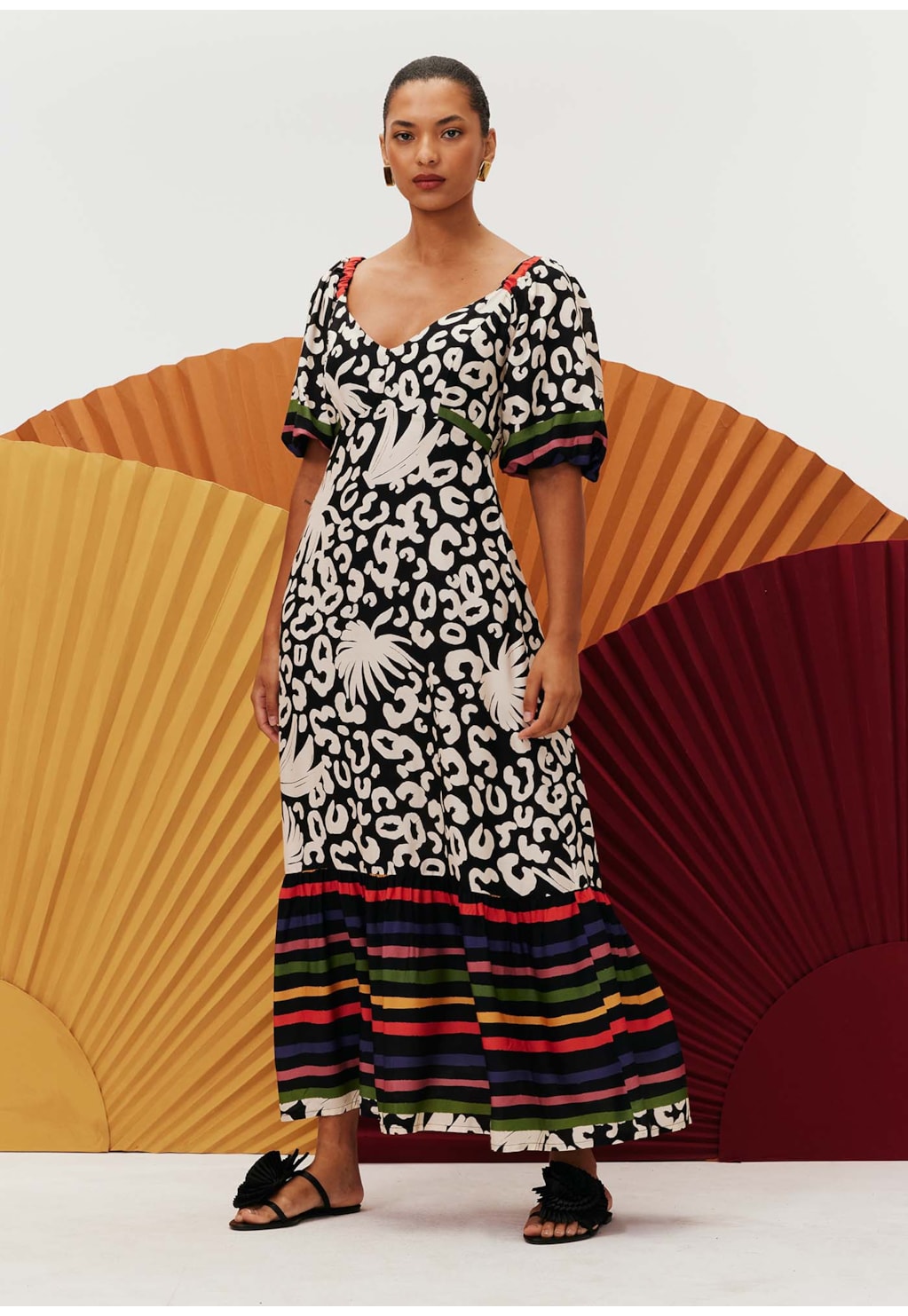 Vestido Midi Babado Barrado Estampado Maracatú