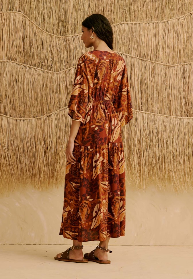 Vestido Midi Babados Estampado Borbo Boho