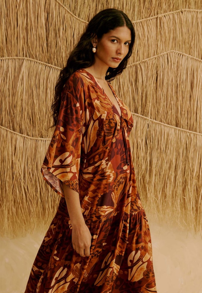 Vestido Midi Babados Estampado Borbo Boho