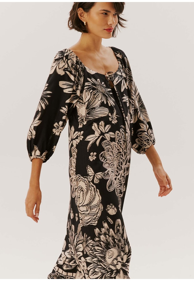 Vestido Midi Bata Estampado Pradaria