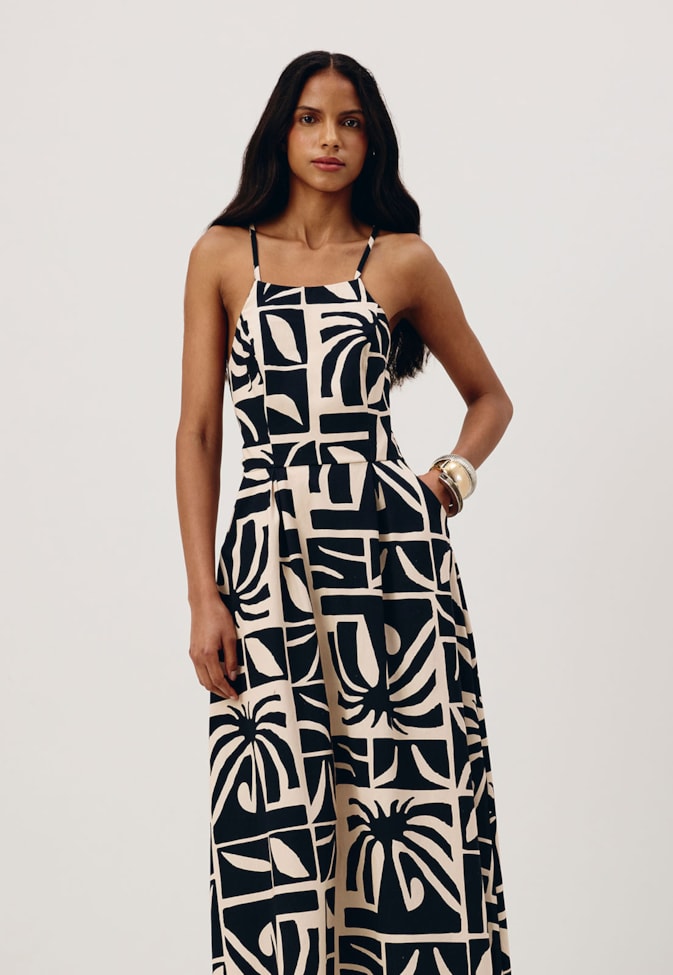 Vestido Midi Bolsos Estampado Reflexo