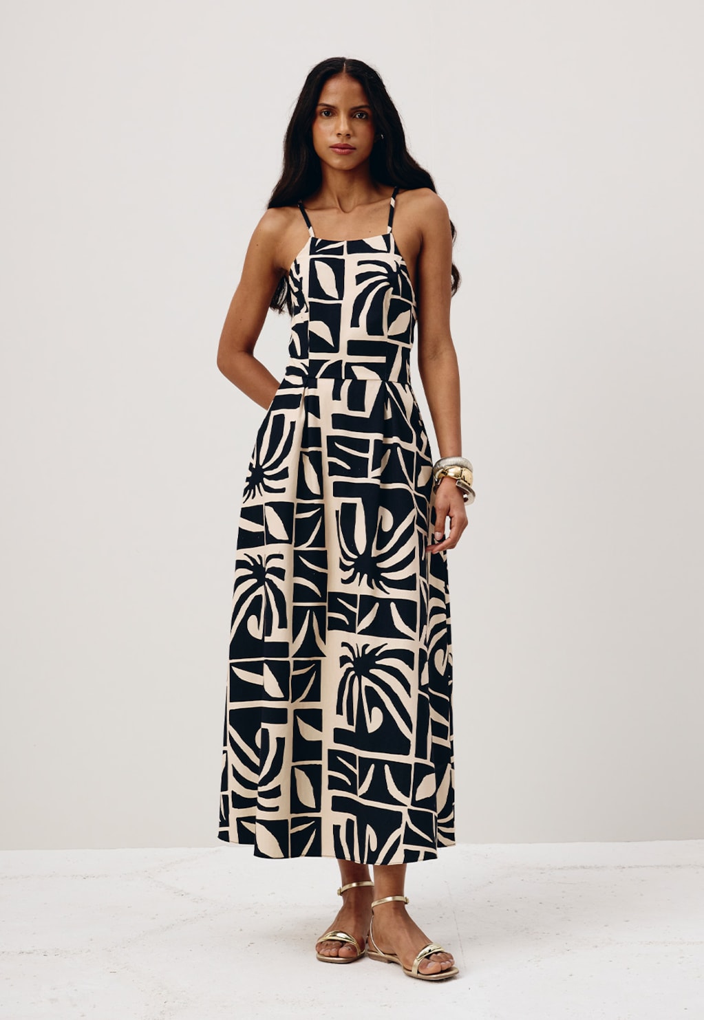 Vestido Midi Bolsos Estampado Reflexo