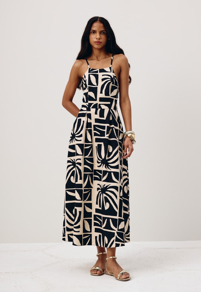 Vestido Midi Bolsos Estampado Reflexo