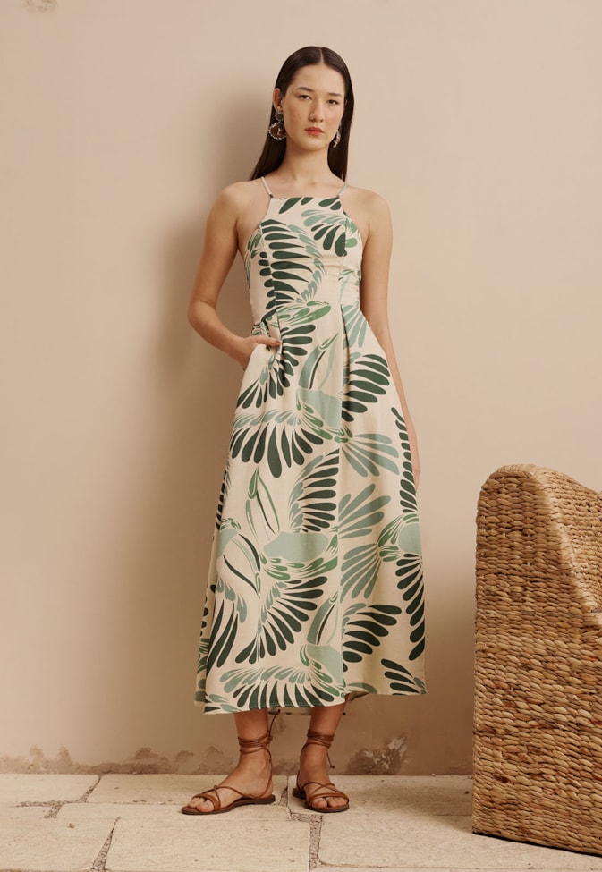 Vestido Midi Bolsos Estampado Tucano Toco