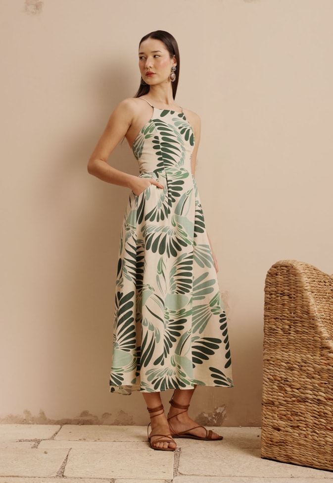 Vestido Midi Bolsos Estampado Tucano Toco