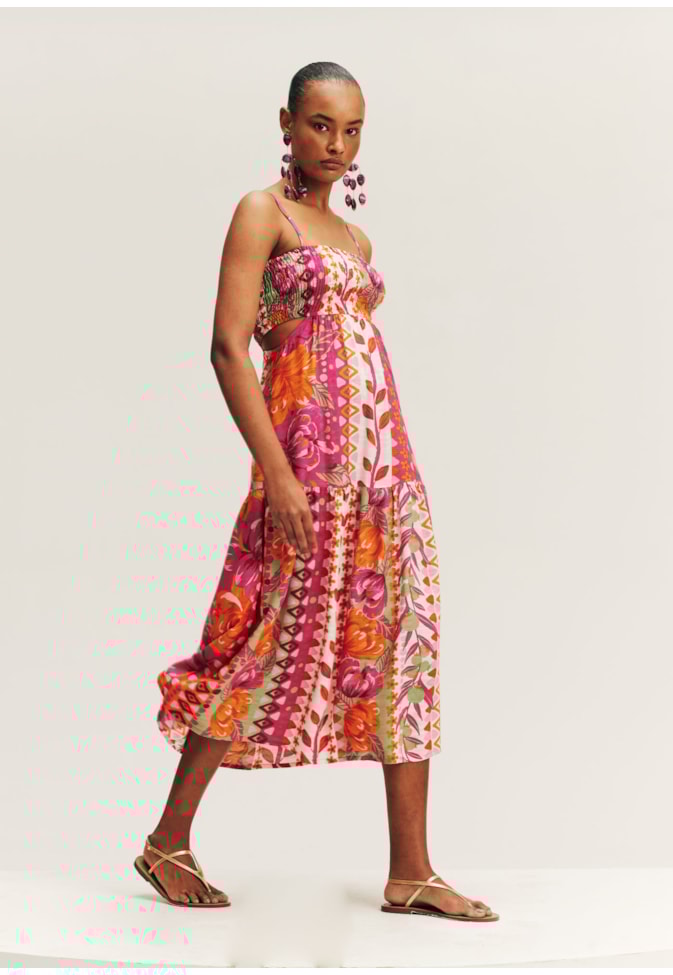 Vestido Midi Busto Lastex Estampado Florista