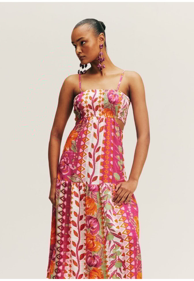 Vestido Midi Busto Lastex Estampado Florista