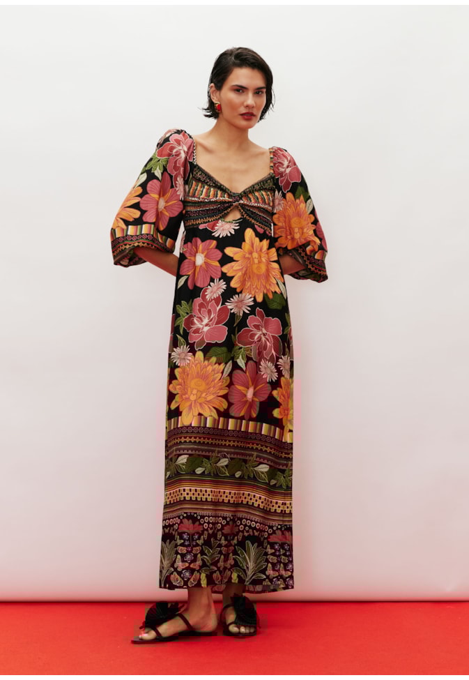 Vestido Midi Busto Lastex Estampado Gafieira