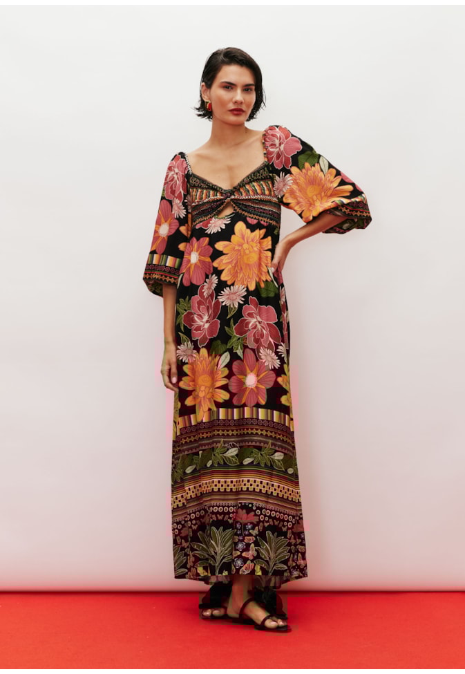 Vestido Midi Busto Lastex Estampado Gafieira