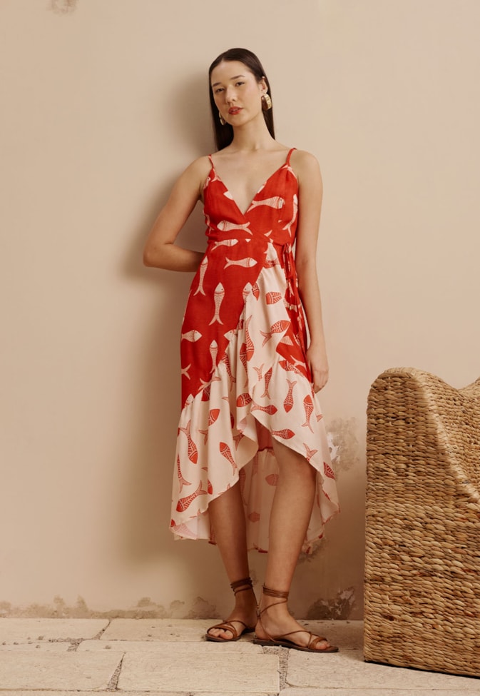 Vestido Midi Cachecouer Babado Estampado Manzua