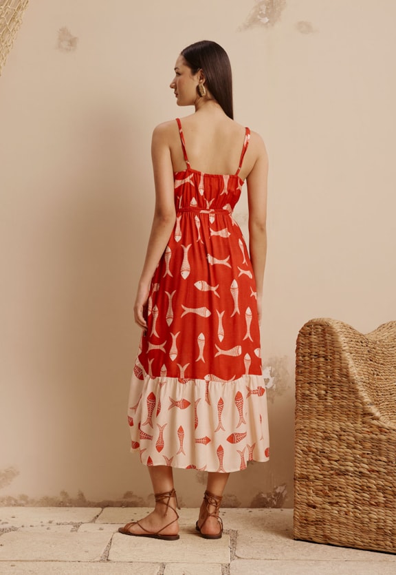 Vestido Midi Cachecouer Babado Estampado Manzua Vista Traseira