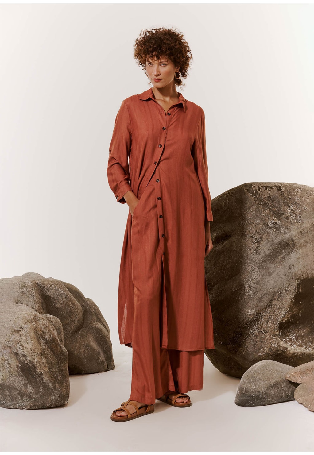 Vestido Midi Chemise Manga Longa