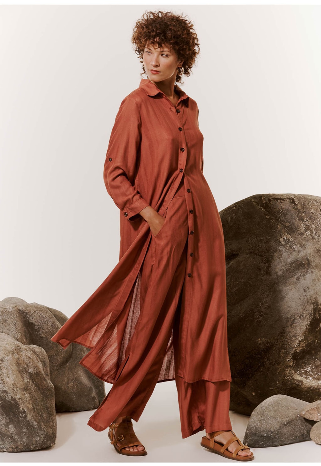 Vestido Midi Chemise Manga Longa