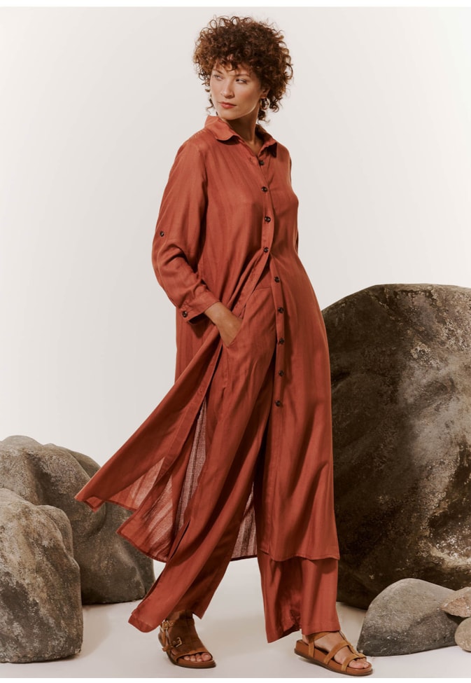 Vestido Midi Chemise Manga Longa