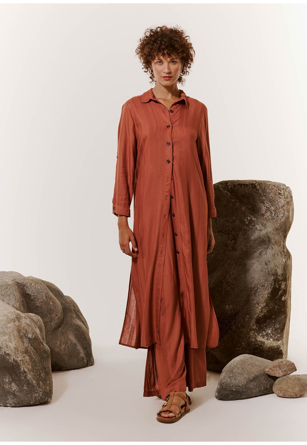 Vestido Midi Chemise Manga Longa