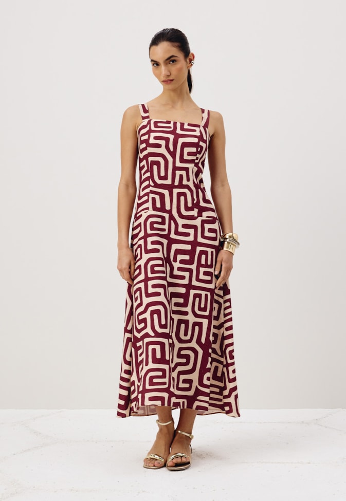 Vestido Midi Cintura Baixa Rodado Estampado Yala Vermelho